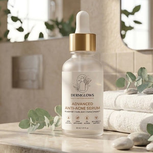 DermGlow's Advanced Anti-Age Serum in a frosted glass bottle with a gold dropper cap, styled on a marble countertop with folded white towels, green leaves, and stones in a warm bathroom setting.